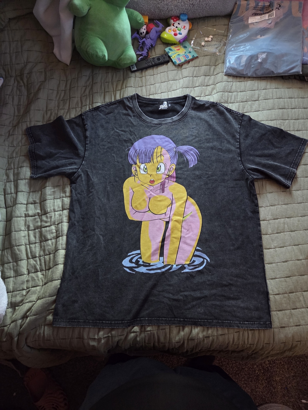 Graphic Short Sleeve Tee with Purple Character Print - Black